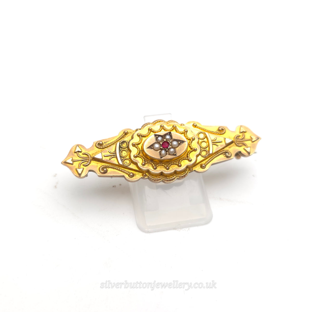 9ct Yellow Gold Antique 1895 Seed Pearl And Ruby Mourning Style Brooch
