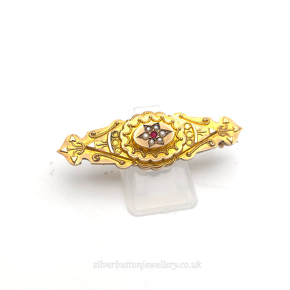 9ct Yellow Gold Antique 1895 Seed Pearl And Ruby Mourning Style Brooch