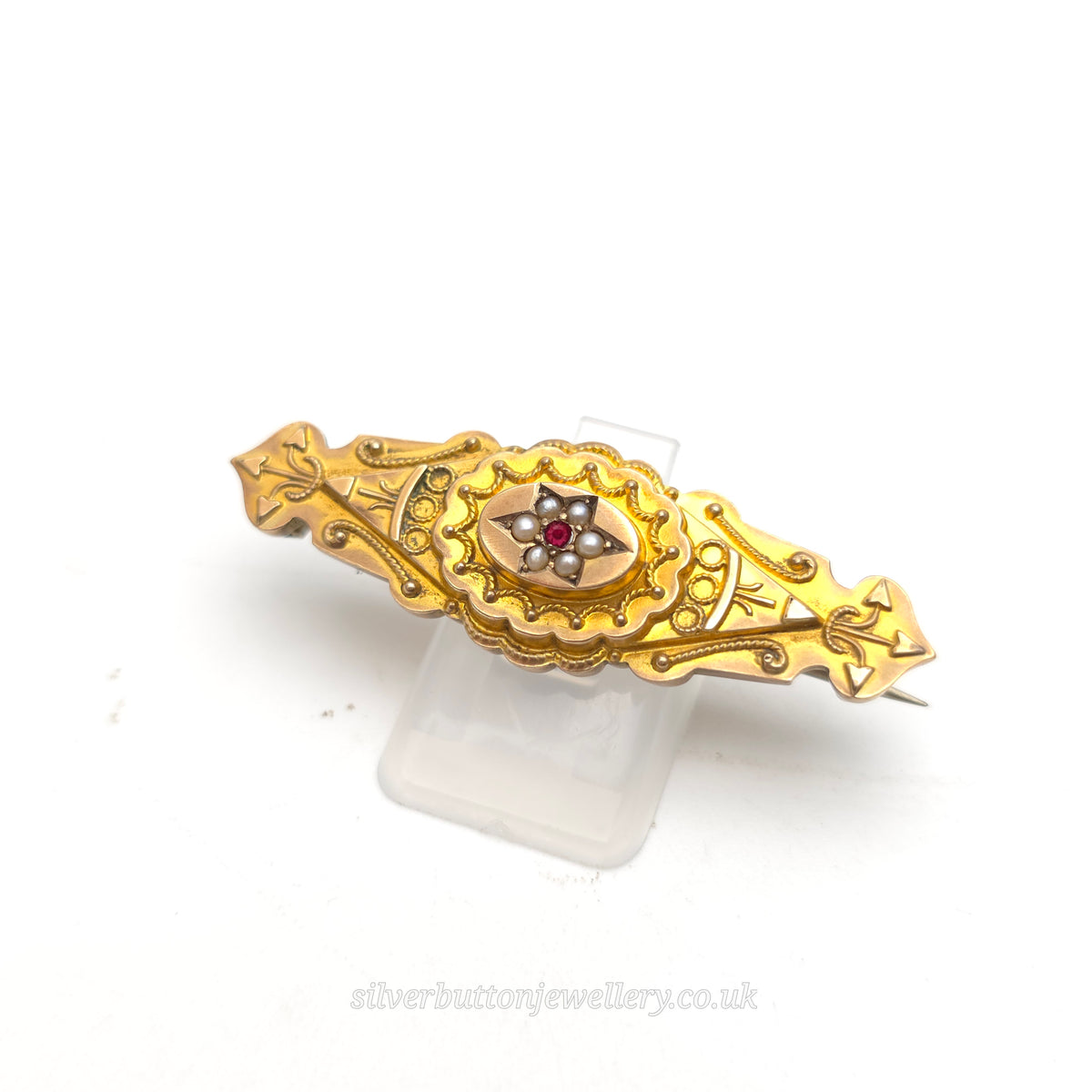 9ct Yellow Gold Antique 1895 Seed Pearl And Ruby Mourning Style Brooch