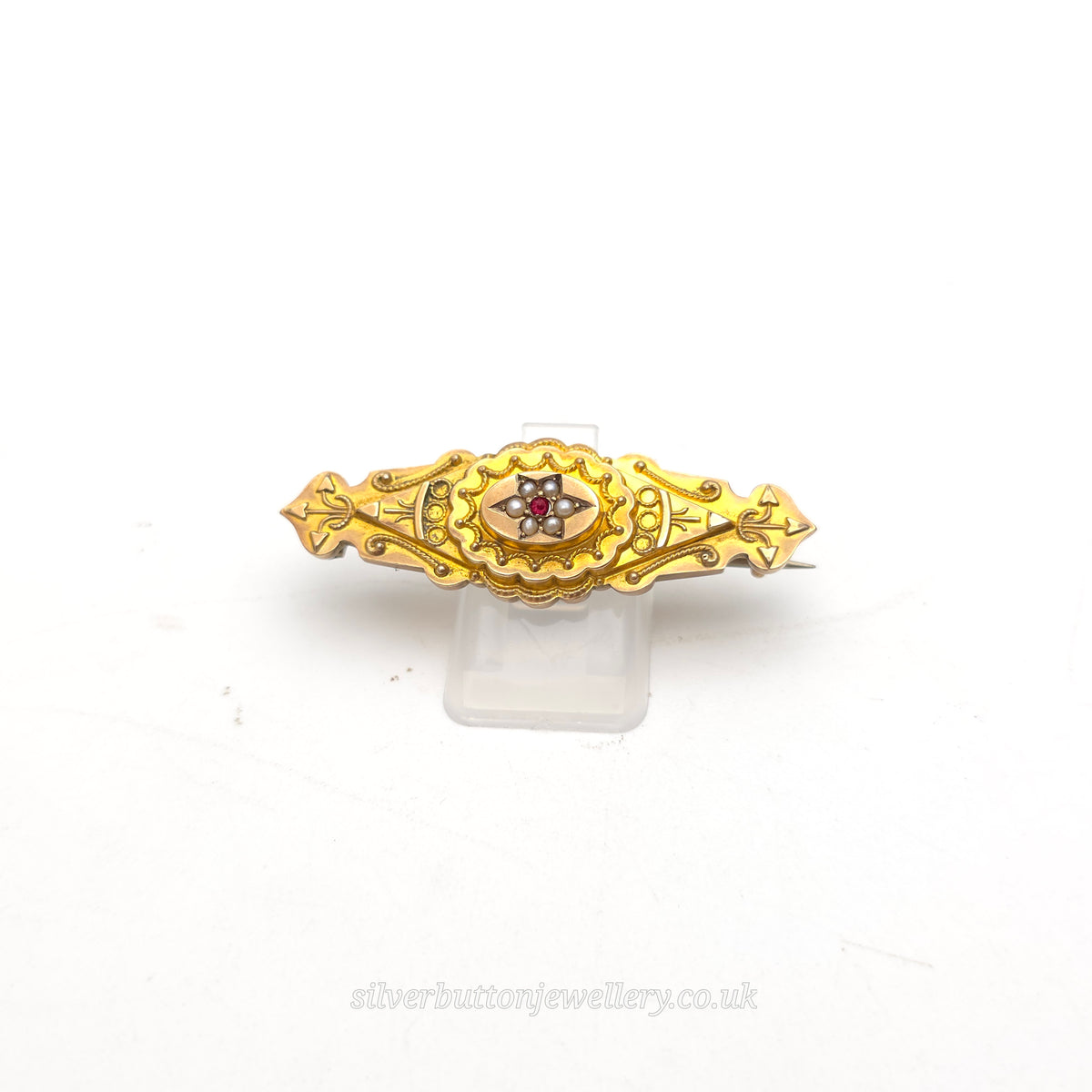 9ct Yellow Gold Antique 1895 Seed Pearl And Ruby Mourning Style Brooch