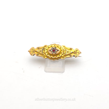 9ct Yellow Gold Antique 1895 Seed Pearl And Ruby Mourning Style Brooch