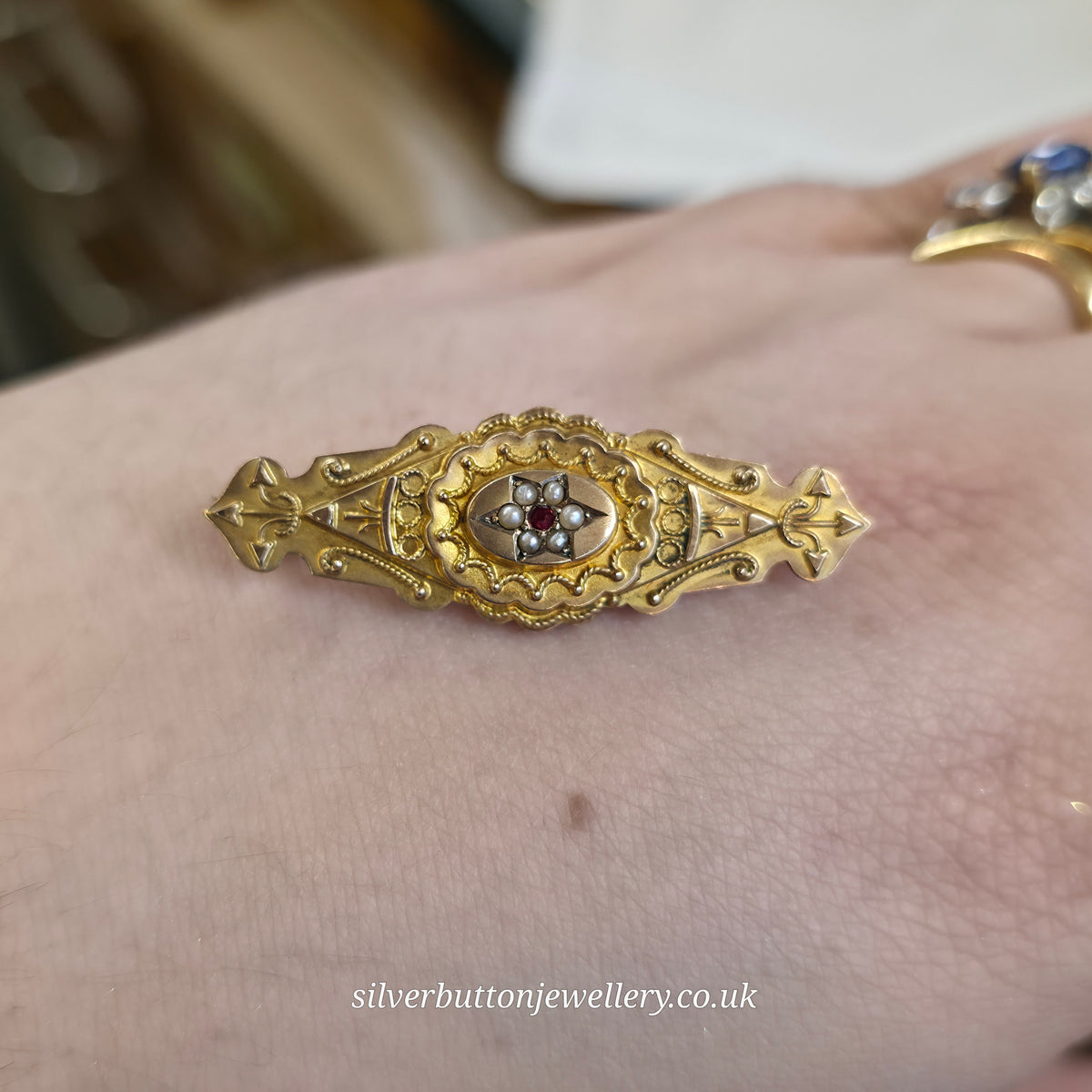 9ct Yellow Gold Antique 1895 Seed Pearl And Ruby Mourning Style Brooch