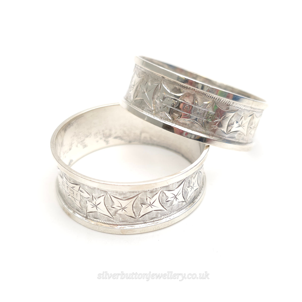 Sterling Silver Antique 1900 Foliate Ivy Leaf Engraved Napkin Ring Pair