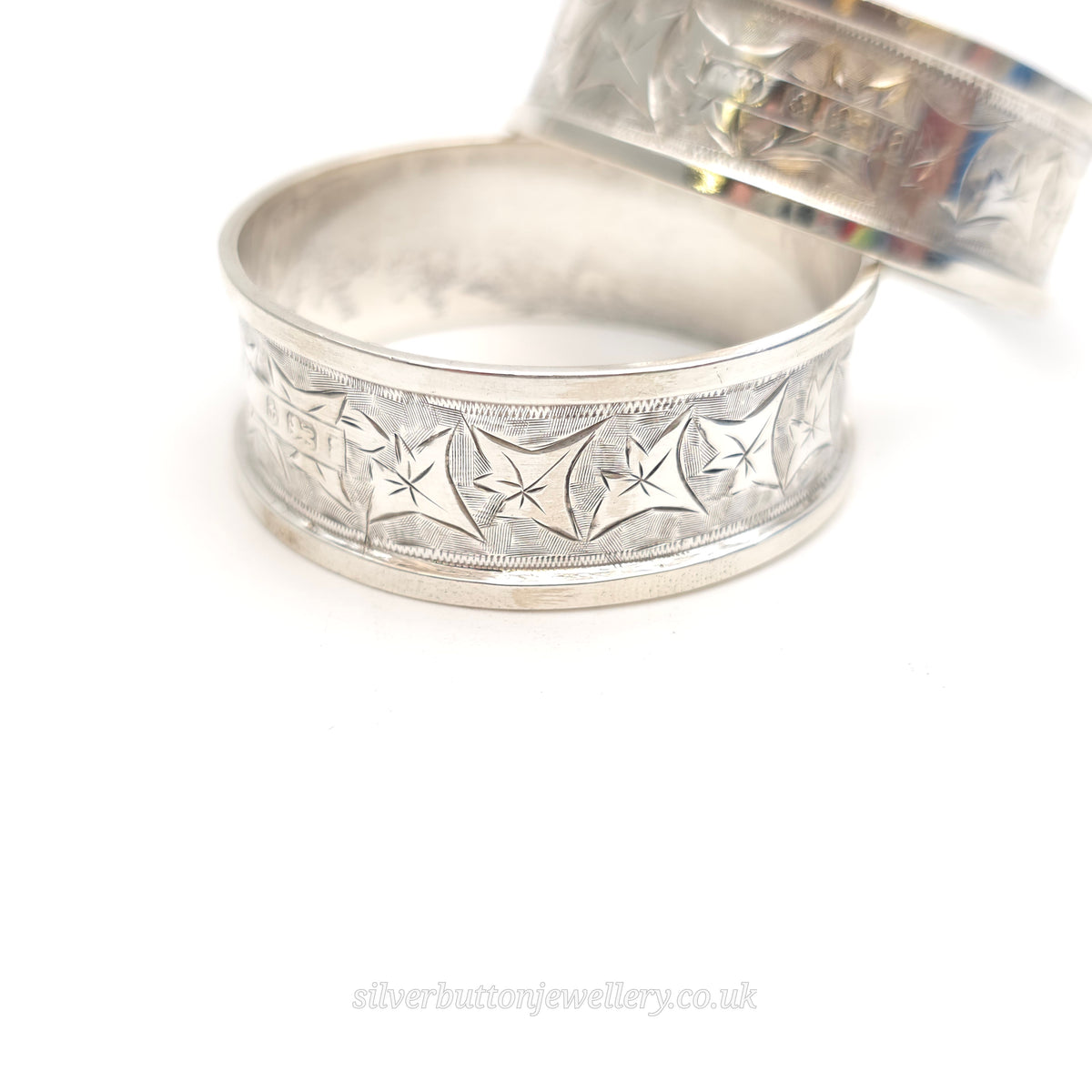 Sterling Silver Antique 1900 Foliate Ivy Leaf Engraved Napkin Ring Pair