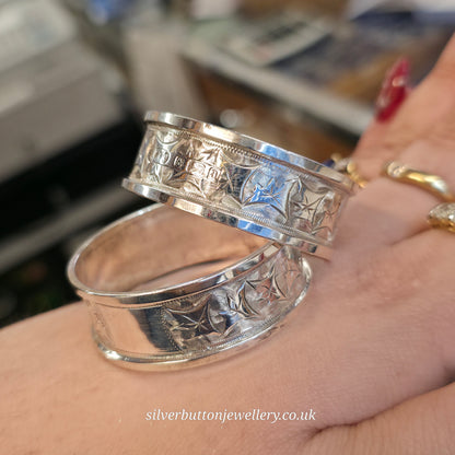 Sterling Silver Antique 1900 Foliate Ivy Leaf Engraved Napkin Ring Pair