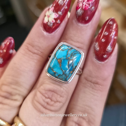 Sterling Silver Rectangular Turquoise Matrix Chunky Solitaire Ring