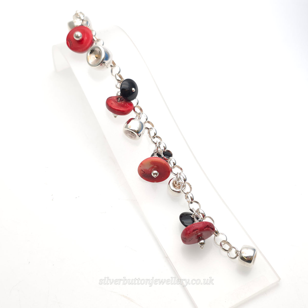 Sterling Silver Red Sponge Coral And Black Bead and Silver Bead Dropper Bracelet