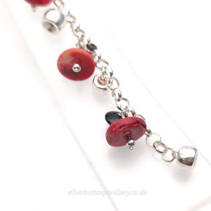 Sterling Silver Red Sponge Coral And Black Bead and Silver Bead Dropper Bracelet
