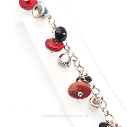 Sterling Silver Red Sponge Coral And Black Bead and Silver Bead Dropper Bracelet