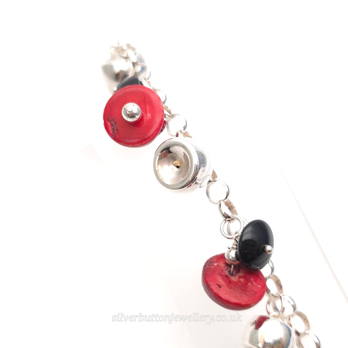 Sterling Silver Red Sponge Coral And Black Bead and Silver Bead Dropper Bracelet