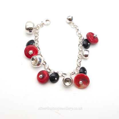 Sterling Silver Red Sponge Coral And Black Bead and Silver Bead Dropper Bracelet
