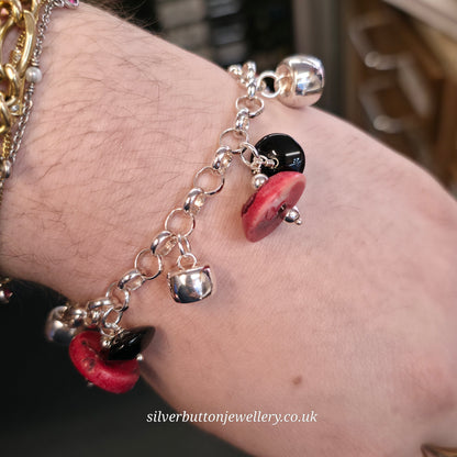 Sterling Silver Red Sponge Coral And Black Bead and Silver Bead Dropper Bracelet