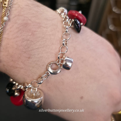 Sterling Silver Red Sponge Coral And Black Bead and Silver Bead Dropper Bracelet