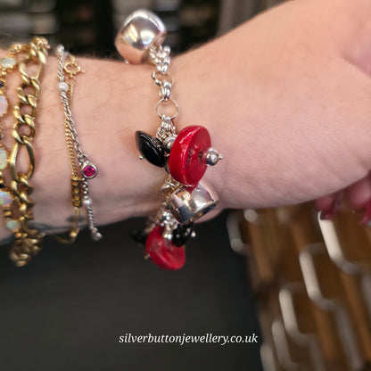 Sterling Silver Red Sponge Coral And Black Bead and Silver Bead Dropper Bracelet