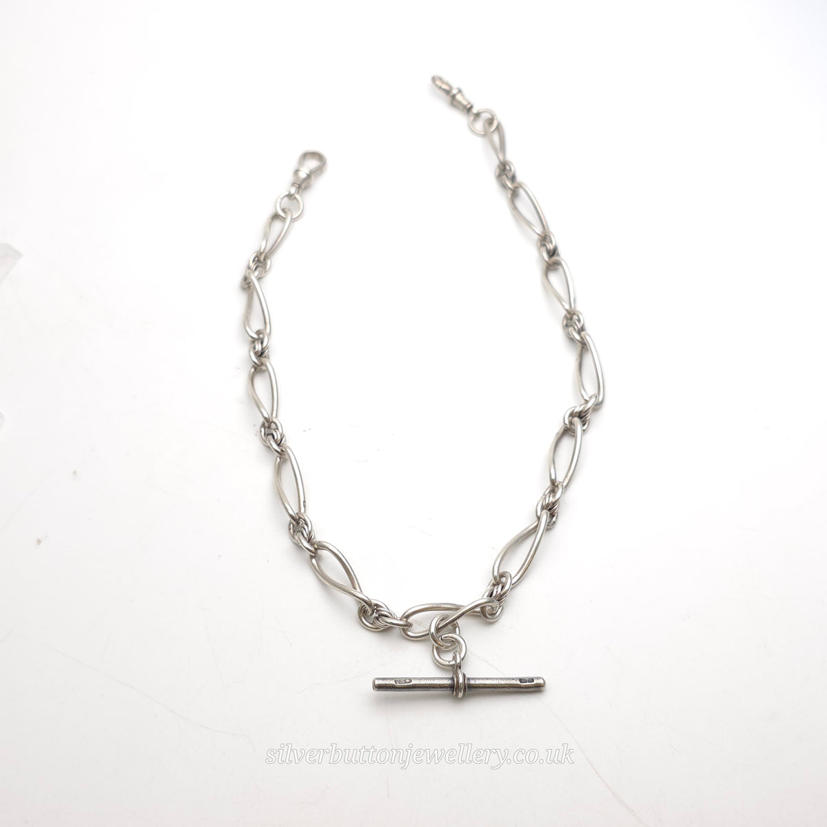 Sterling Silver Antique Fancy Figaro Link Fob Chain With T-bar And Swivel Clips