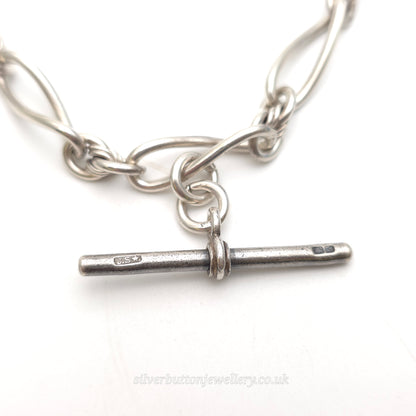 Sterling Silver Antique Fancy Figaro Link Fob Chain With T-bar And Swivel Clips