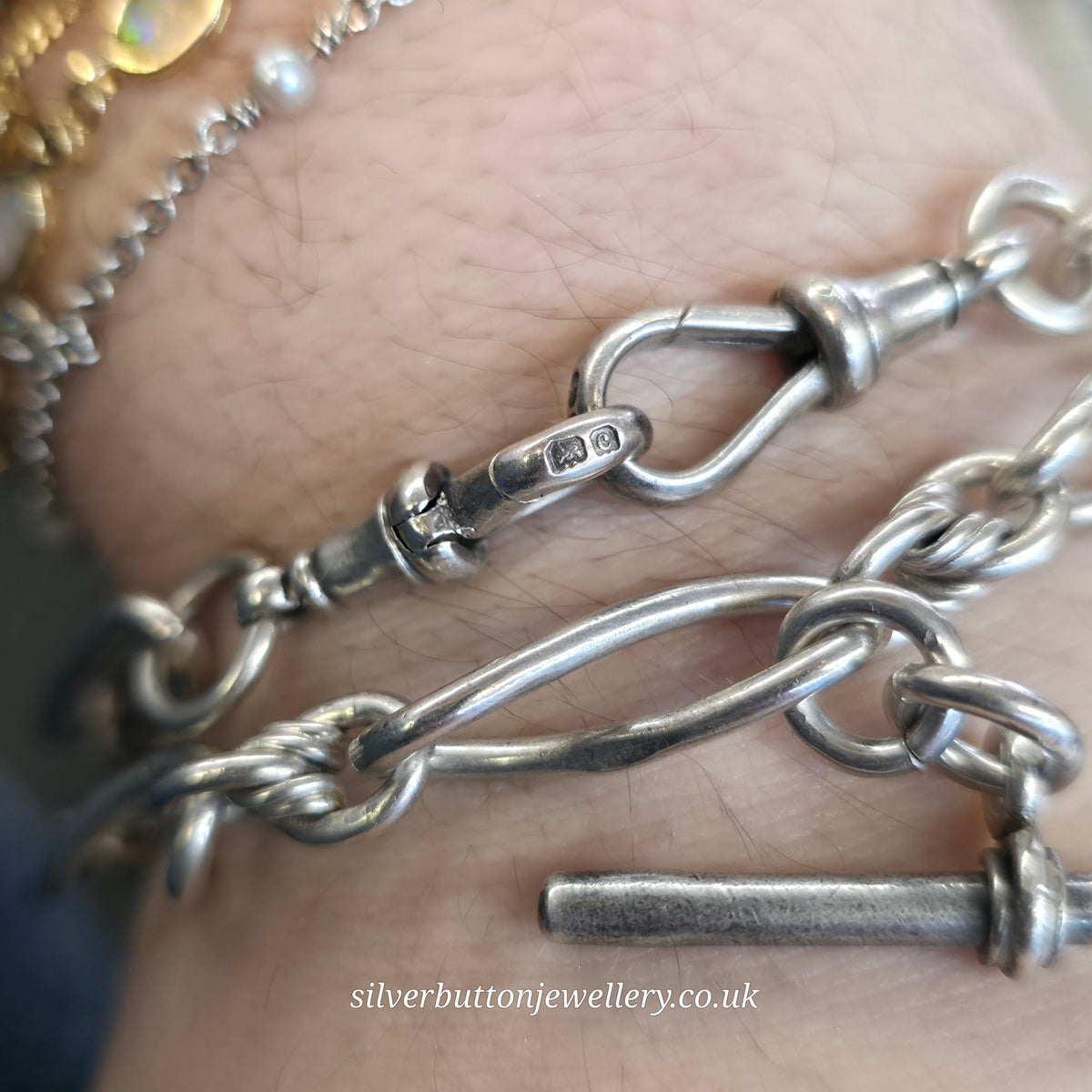 Sterling Silver Antique Fancy Figaro Link Fob Chain With T-bar And Swivel Clips