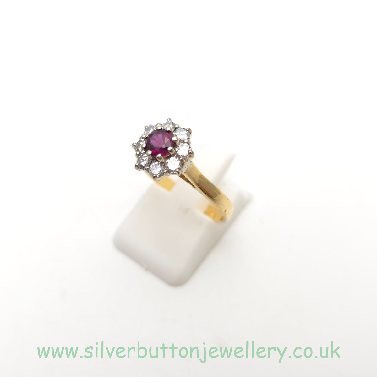 18ct Yellow Gold Vintage Round Cut Ruby And Diamond Floral Halo Cluster Ring