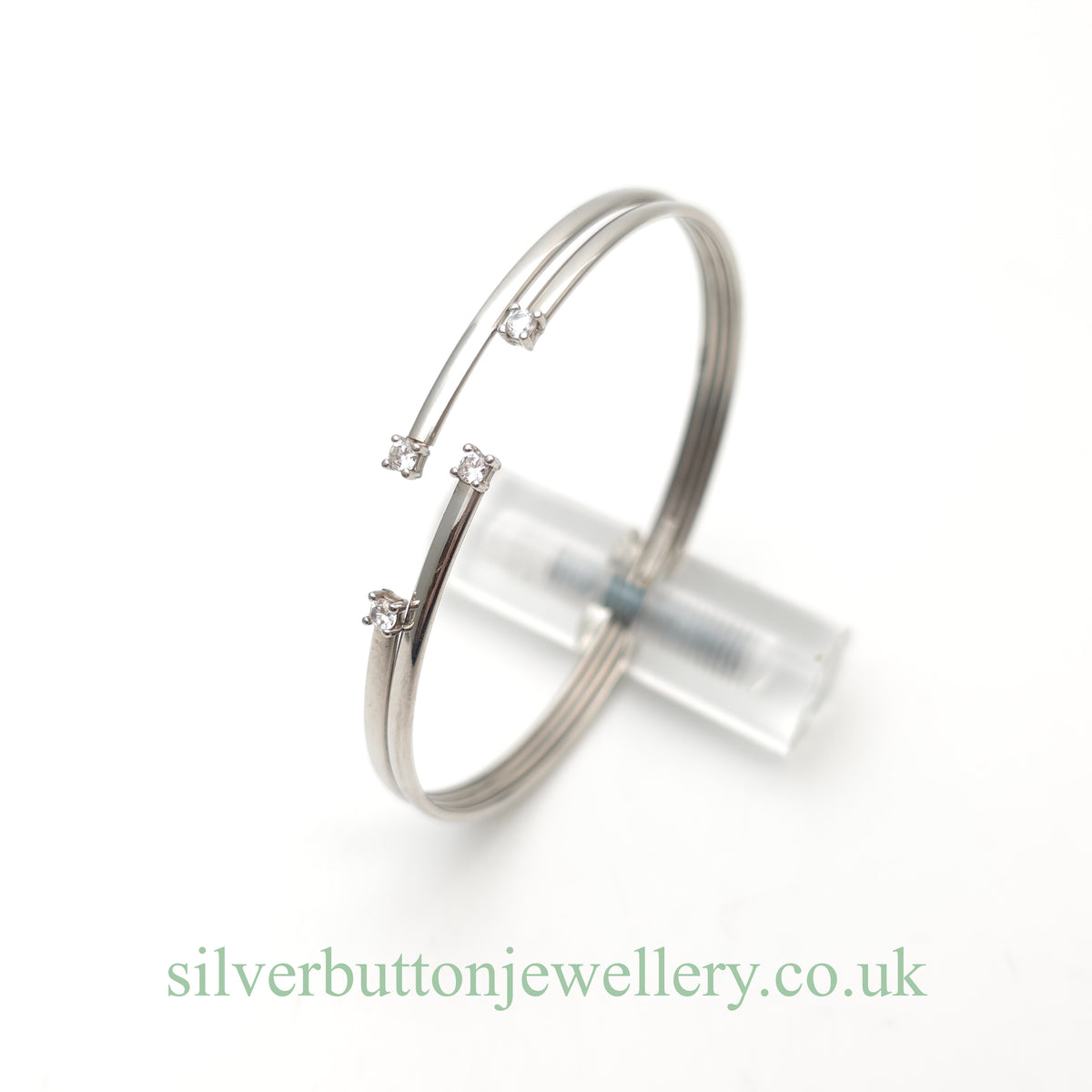 9ct White Gold Open Four Row White Stone Set Bangle