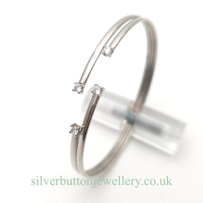9ct White Gold Open Four Row White Stone Set Bangle