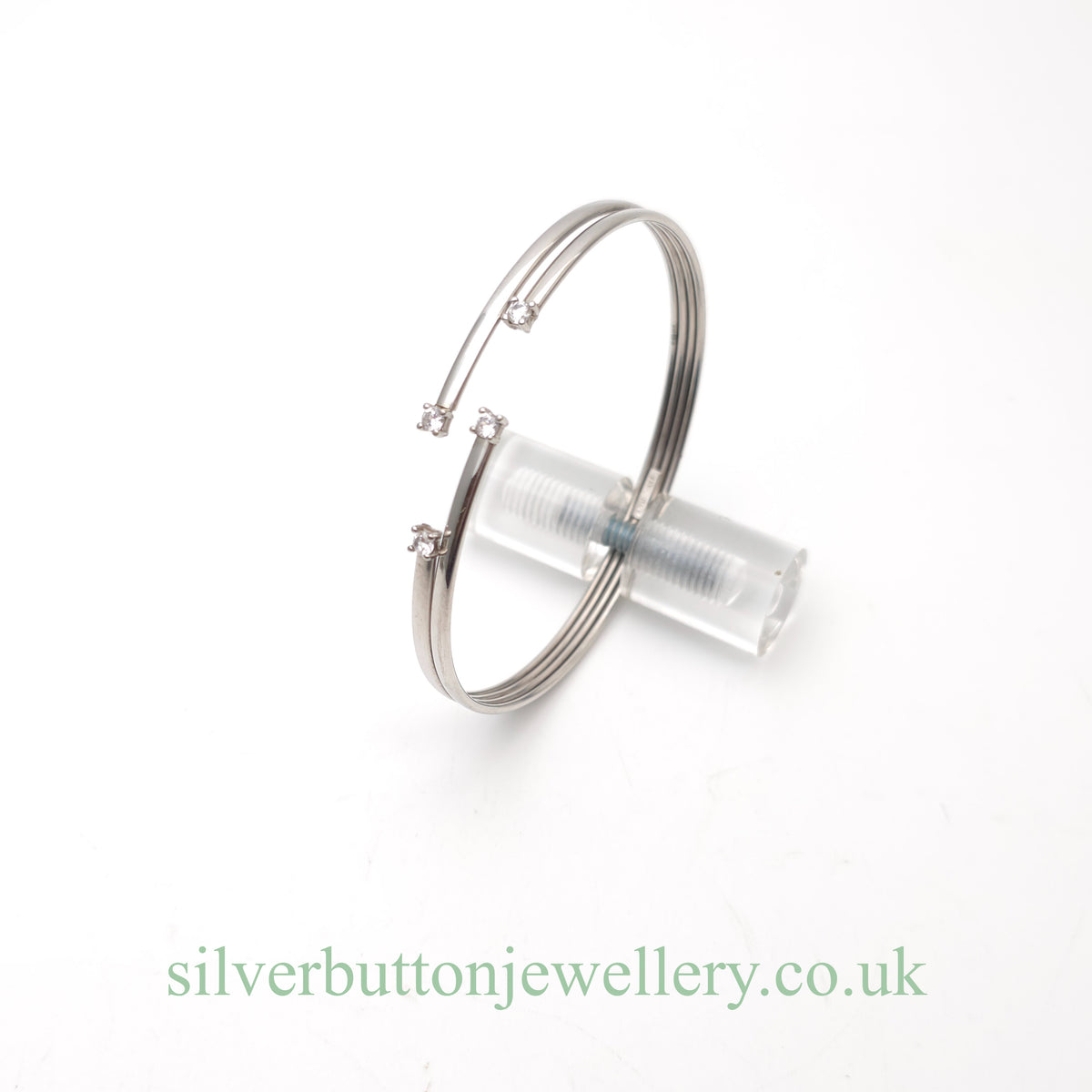 9ct White Gold Open Four Row White Stone Set Bangle