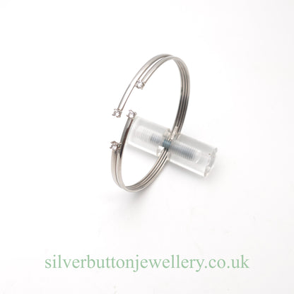 9ct White Gold Open Four Row White Stone Set Bangle