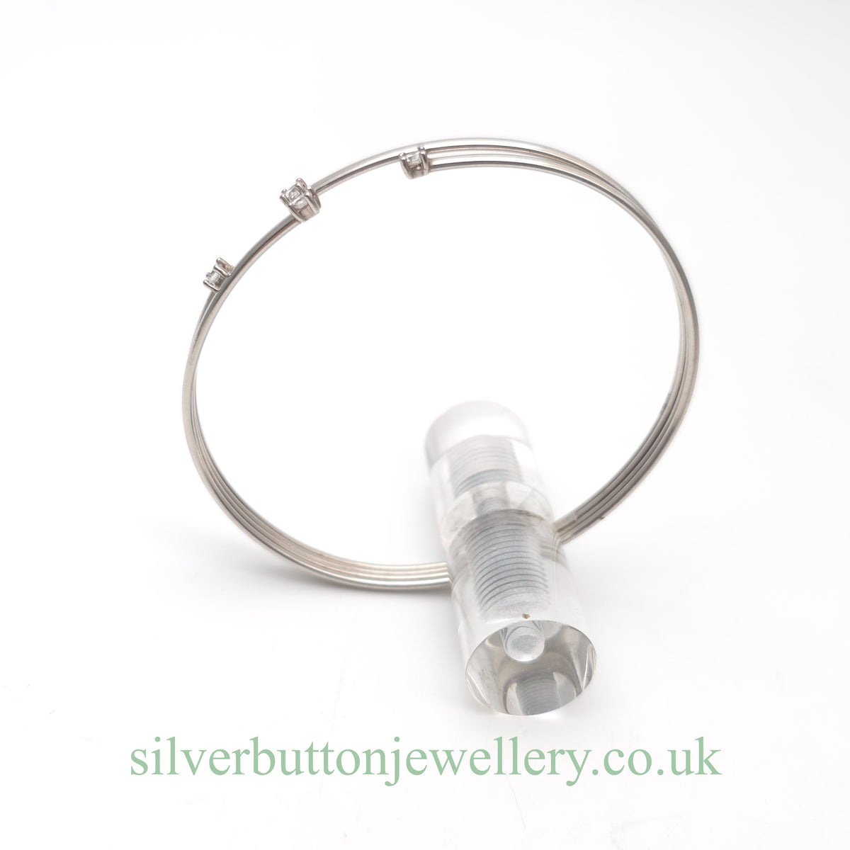 9ct White Gold Open Four Row White Stone Set Bangle