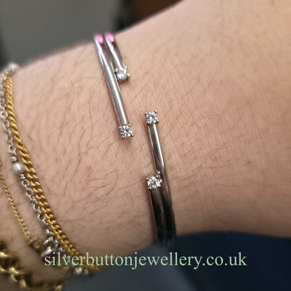 9ct White Gold Open Four Row White Stone Set Bangle