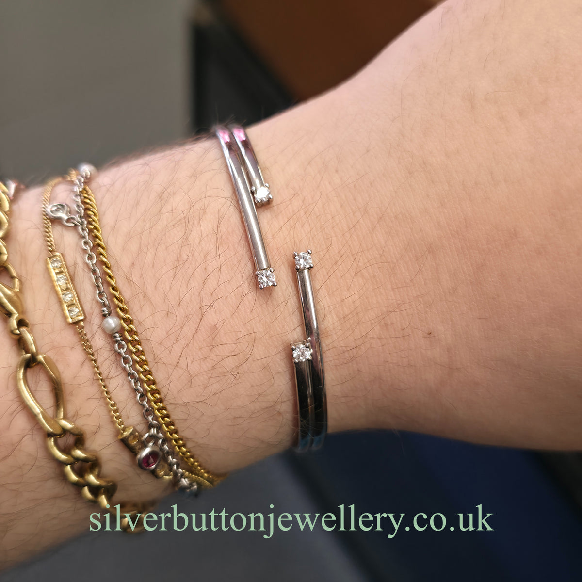 9ct White Gold Open Four Row White Stone Set Bangle
