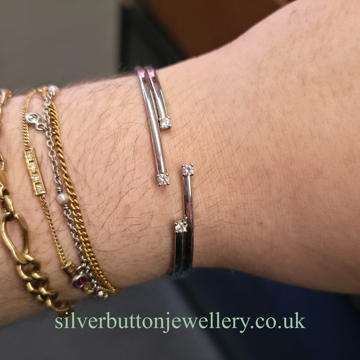 9ct White Gold Open Four Row White Stone Set Bangle