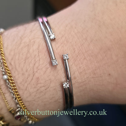 9ct White Gold Open Four Row White Stone Set Bangle