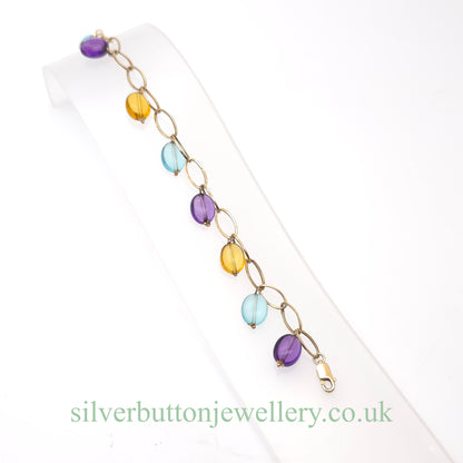 9ct Yellow Gold Vintage Blue Topaz, Amethyst & Citrine Bead Dropper Bracelet (AF)