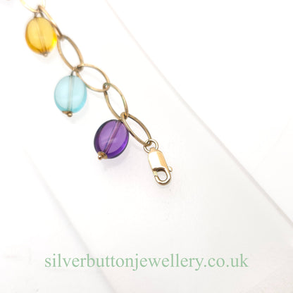 9ct Yellow Gold Vintage Blue Topaz, Amethyst & Citrine Bead Dropper Bracelet (AF)
