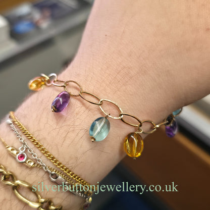 9ct Yellow Gold Vintage Blue Topaz, Amethyst & Citrine Bead Dropper Bracelet (AF)