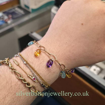 9ct Yellow Gold Vintage Blue Topaz, Amethyst & Citrine Bead Dropper Bracelet (AF)