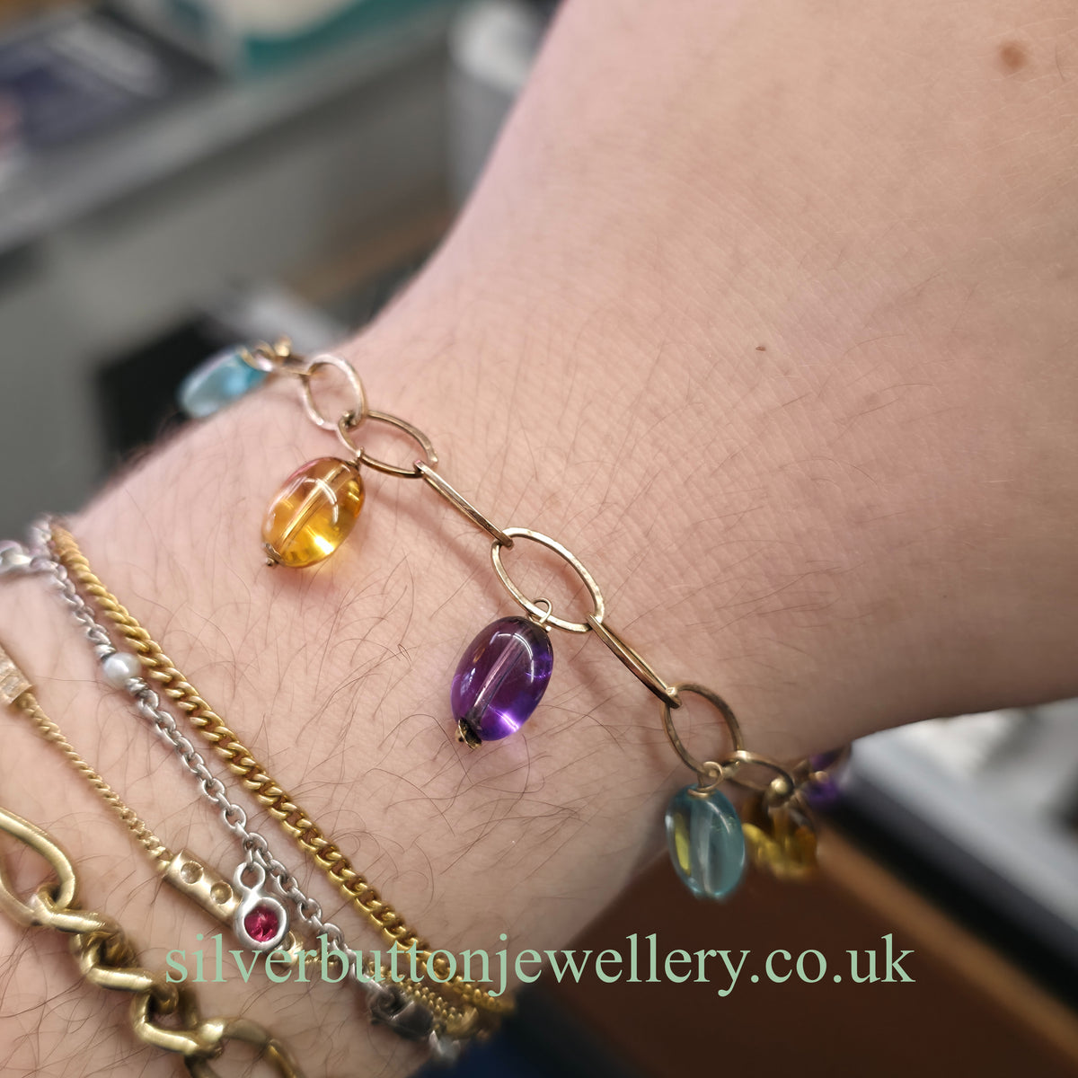 9ct Yellow Gold Vintage Blue Topaz, Amethyst & Citrine Bead Dropper Bracelet (AF)