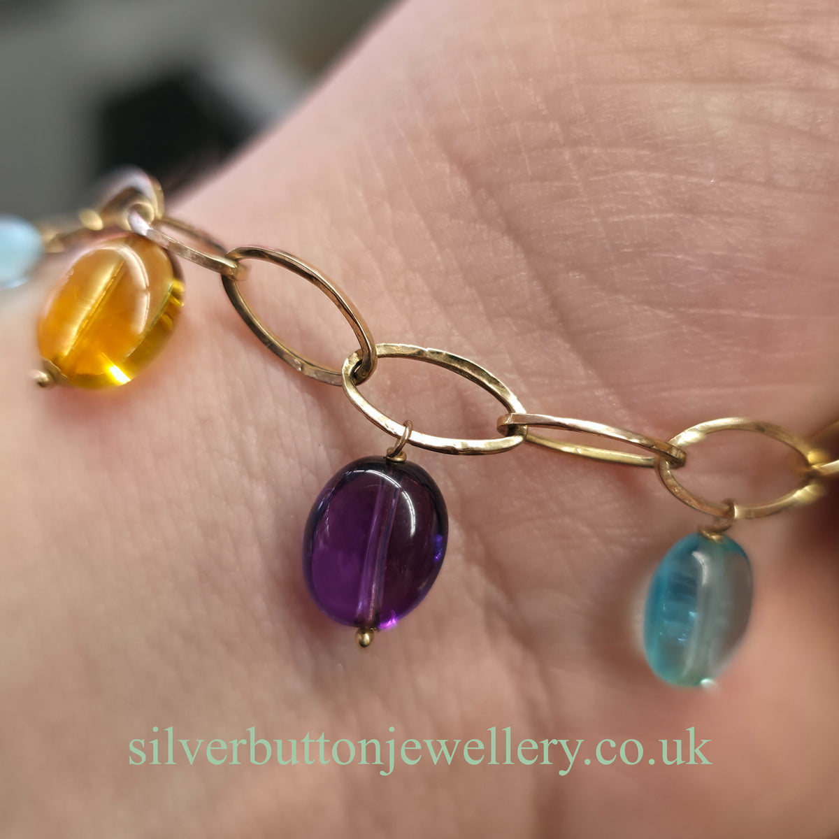 9ct Yellow Gold Vintage Blue Topaz, Amethyst & Citrine Bead Dropper Bracelet (AF)