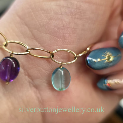 9ct Yellow Gold Vintage Blue Topaz, Amethyst & Citrine Bead Dropper Bracelet (AF)