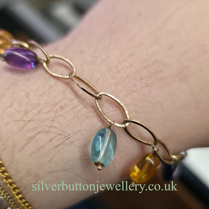 9ct Yellow Gold Vintage Blue Topaz, Amethyst & Citrine Bead Dropper Bracelet (AF)