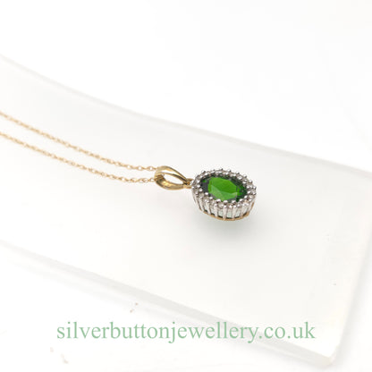 9ct Yellow Gold Oval Cut Diopside And Diamond Halo Cluster Pendant Necklace