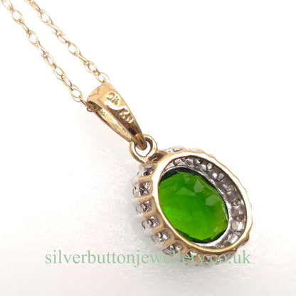 9ct Yellow Gold Oval Cut Diopside And Diamond Halo Cluster Pendant Necklace
