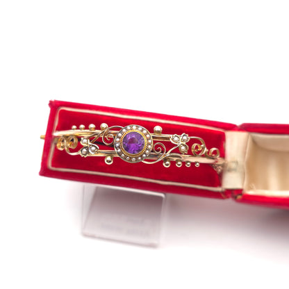 9ct Rose Gold Antique 1905 Amethyst & Seed Pearl Foliate Openwork Bangle