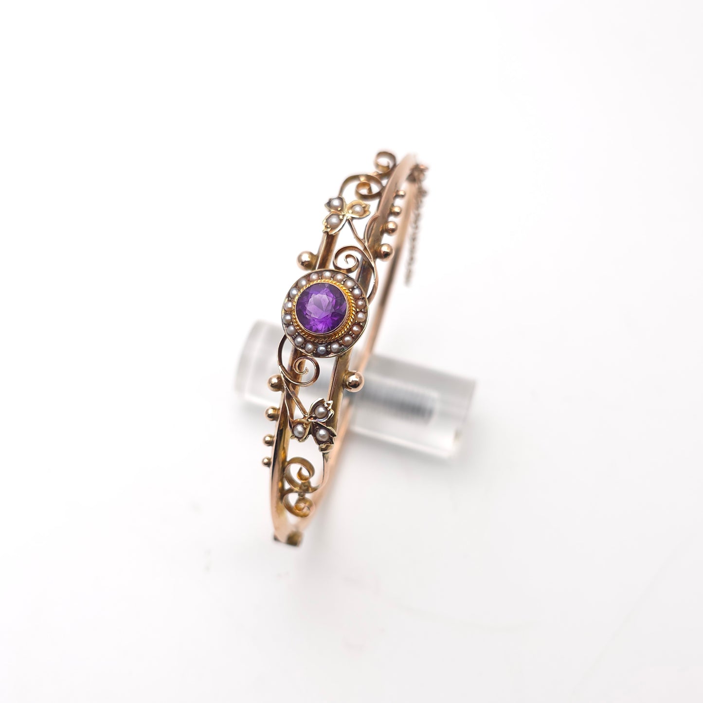 9ct Rose Gold Antique 1905 Amethyst & Seed Pearl Foliate Openwork Bangle