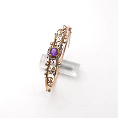 9ct Rose Gold Antique 1905 Amethyst & Seed Pearl Foliate Openwork Bangle