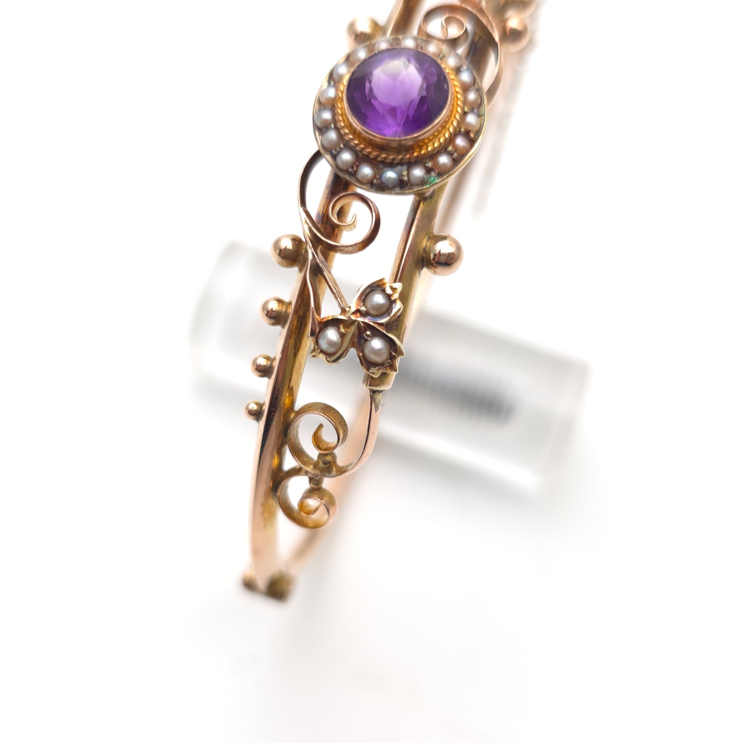 9ct Rose Gold Antique 1905 Amethyst & Seed Pearl Foliate Openwork Bangle