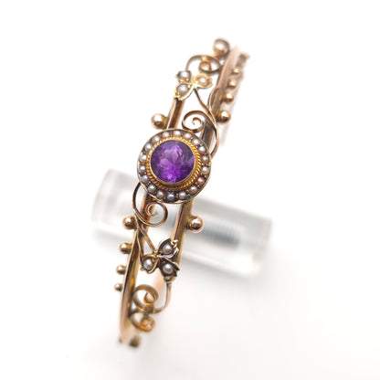 9ct Rose Gold Antique 1905 Amethyst & Seed Pearl Foliate Openwork Bangle