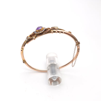 9ct Rose Gold Antique 1905 Amethyst & Seed Pearl Foliate Openwork Bangle