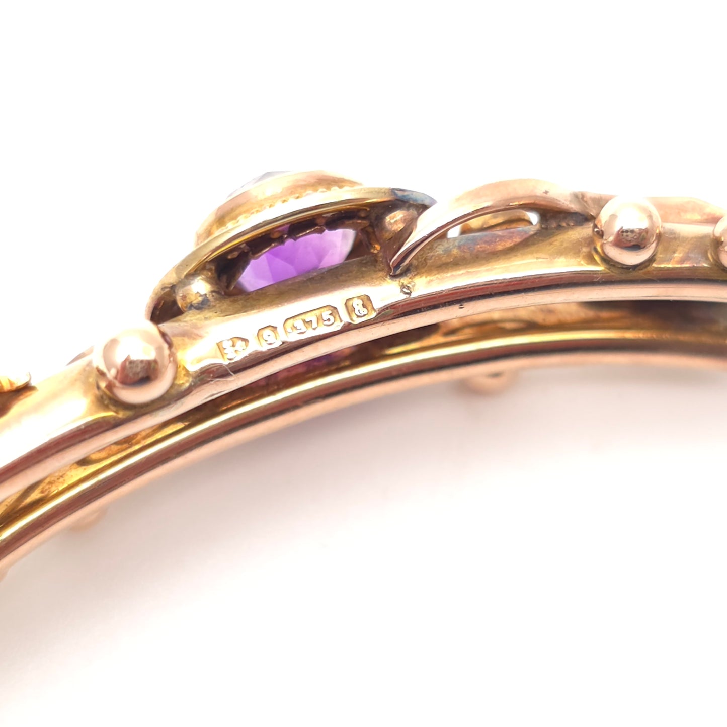 9ct Rose Gold Antique 1905 Amethyst & Seed Pearl Foliate Openwork Bangle