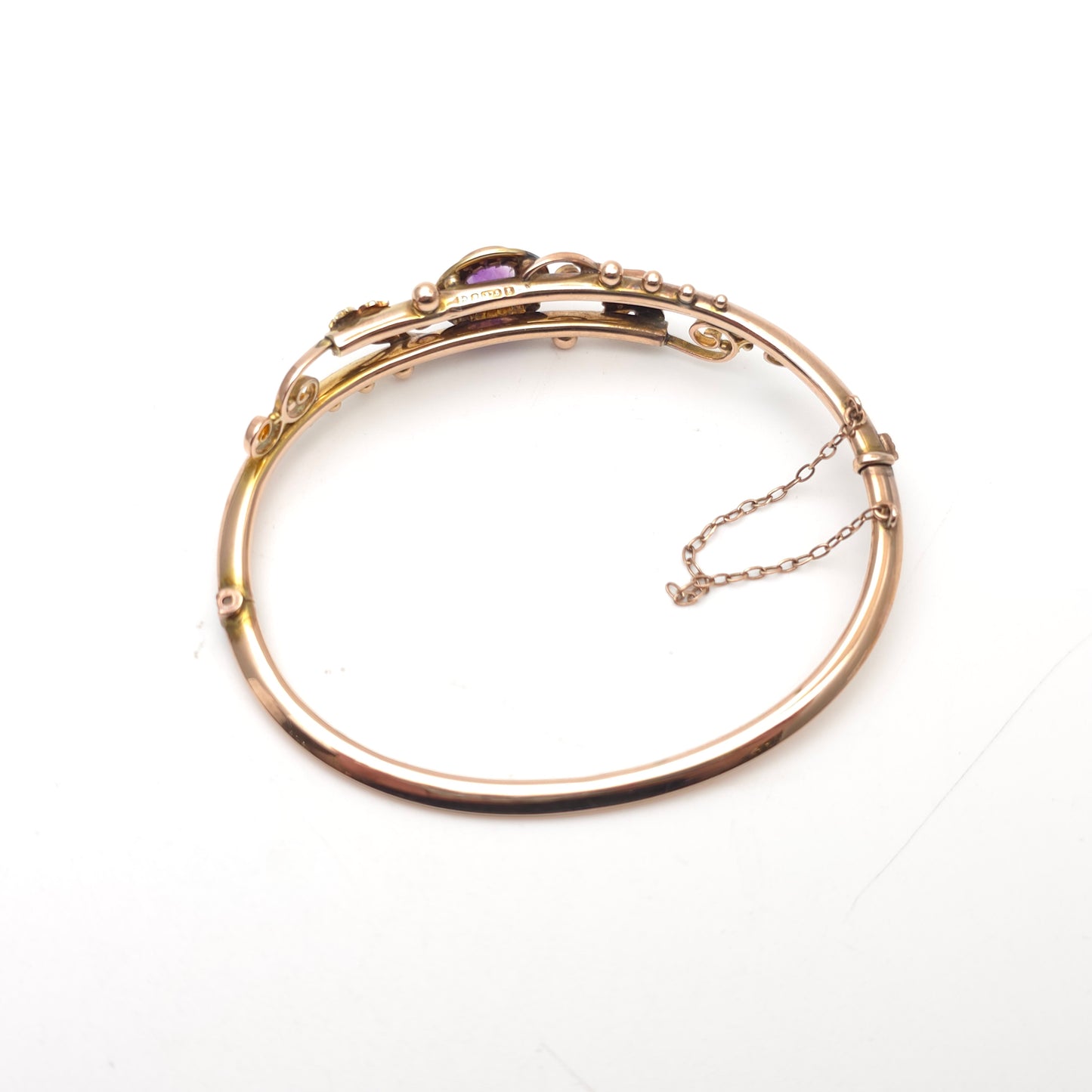 9ct Rose Gold Antique 1905 Amethyst & Seed Pearl Foliate Openwork Bangle