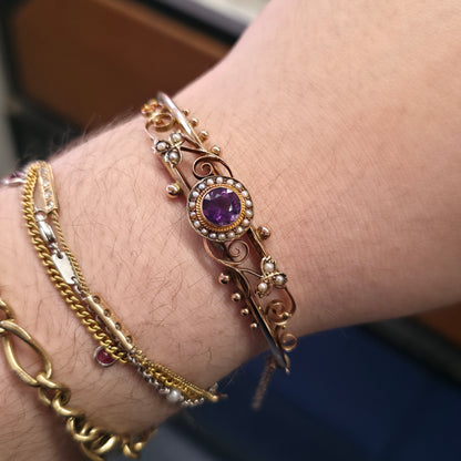 9ct Rose Gold Antique 1905 Amethyst & Seed Pearl Foliate Openwork Bangle
